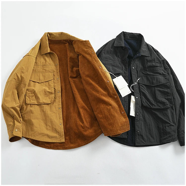 Reversible A+B fabric outdoor functional cargo jacket men's loose pocket lapel retro American casual jacket