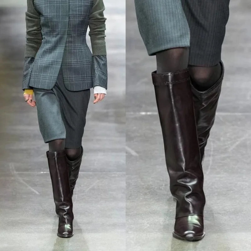 Elegant Temperament of European and American Women, Thick High Heels, Skirt Hem, Knee High Boots, Oversized Retro Knight Boots
