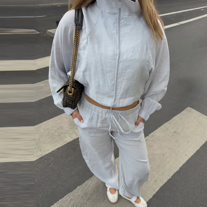 HXAO Women's 2 Piece Tracksuit Set Cropped Jacket Pants Sets Summer Long Sleeve Zip Up Top Wide Leg Trouser Suit Pink Sportswear