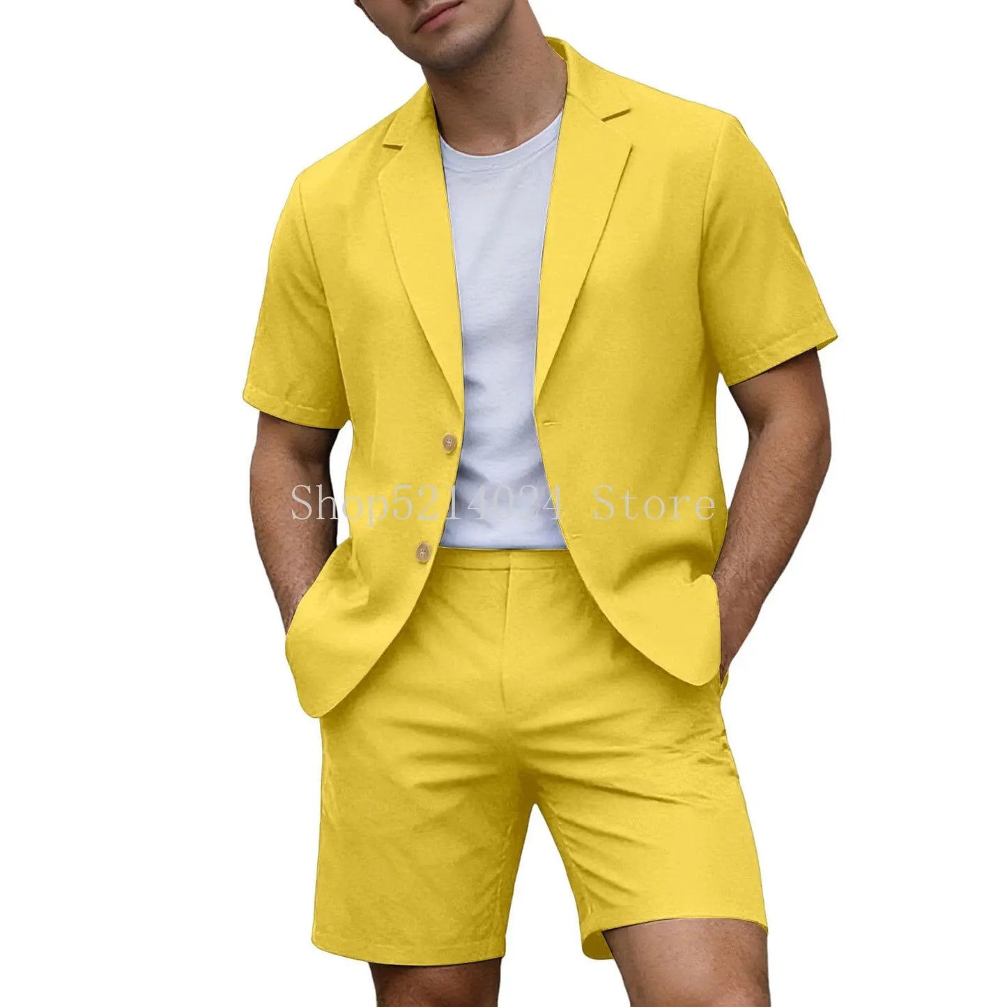 Suits for Men Short Sleeve Blazer Jacket Shorts Set Lightweight Wedding Party Business Casual Formal Outfits