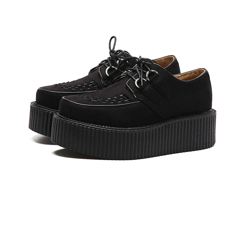 Black Harajuku Shoes Classic Lace UP Wedge Heels Platforms Creepers Punk Shoes Casual High Heels Women Platform Shoes