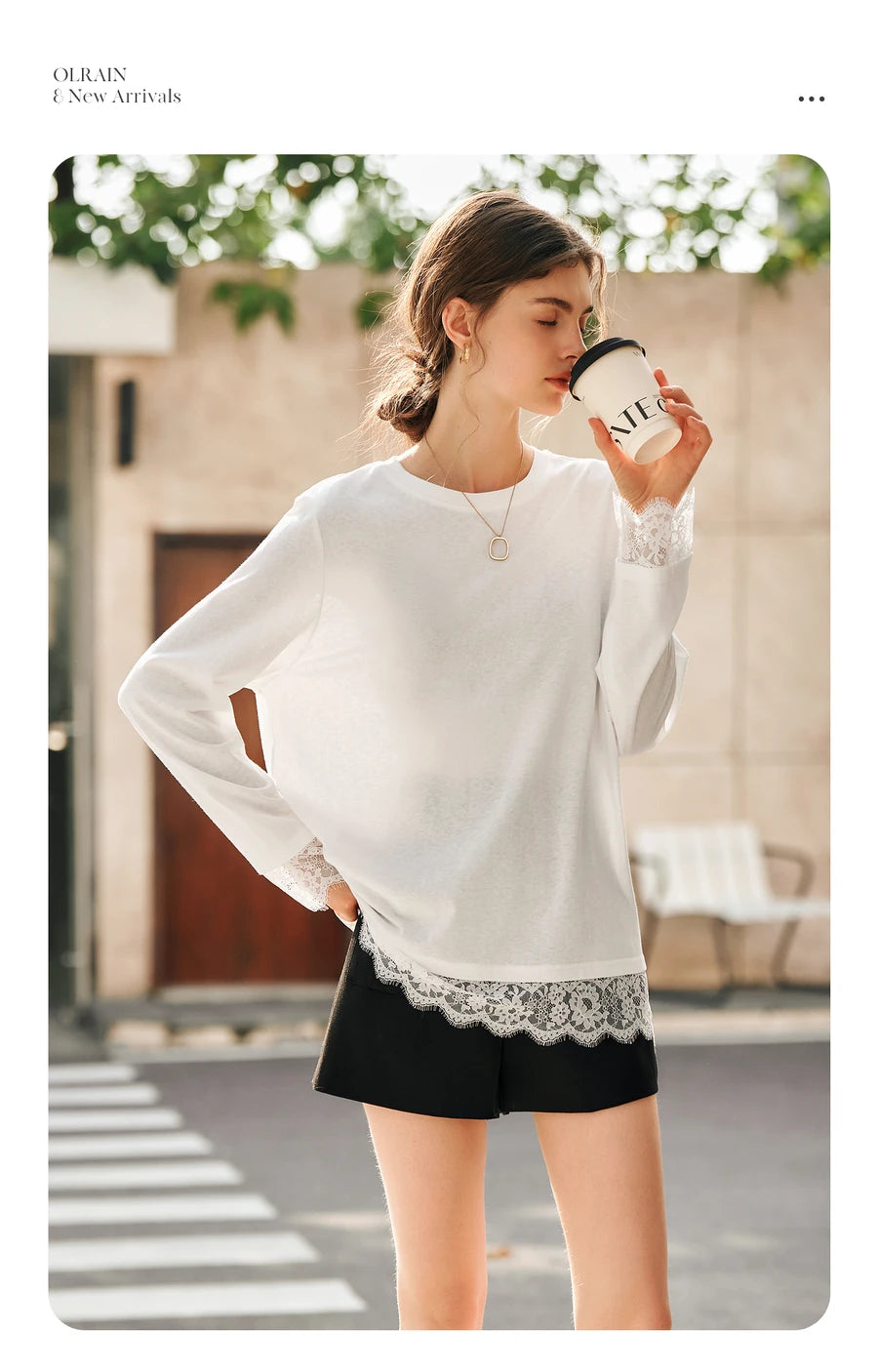 OLrain Cotton White T-shirt Women 2026 Autumn Casual Loose Tee Shirt Crewneck Lace Long Sleeve Tops Woman Clothing N57CT95669