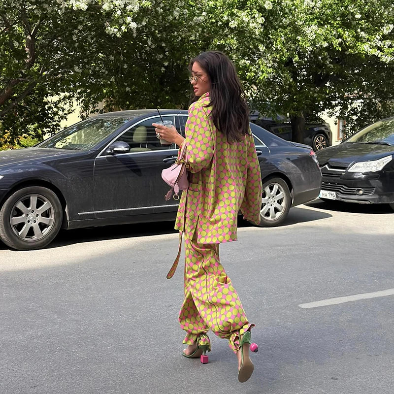 Casual Plaid Women's Blazer Pant Suits Scarf Collar Long Sleeve Button Shirt Pleated Wide Leg Trousers 2026 Summer Female Set
