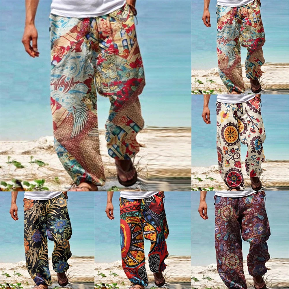 Mens Casual Baggy Harem Pants Elastic Waist Beach Loose Wide Leg Hippy Trousers