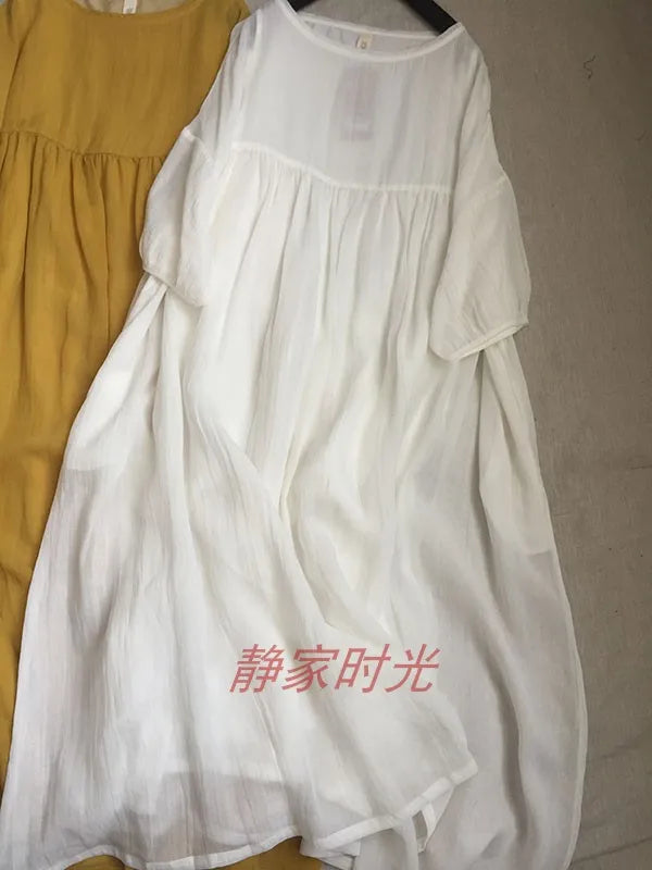 2024 Women Summer Cotton And Linen Pleated Double Layered Robe Casual Loose Half Sleeve Dress Ladies Holiday Clothes X1041
