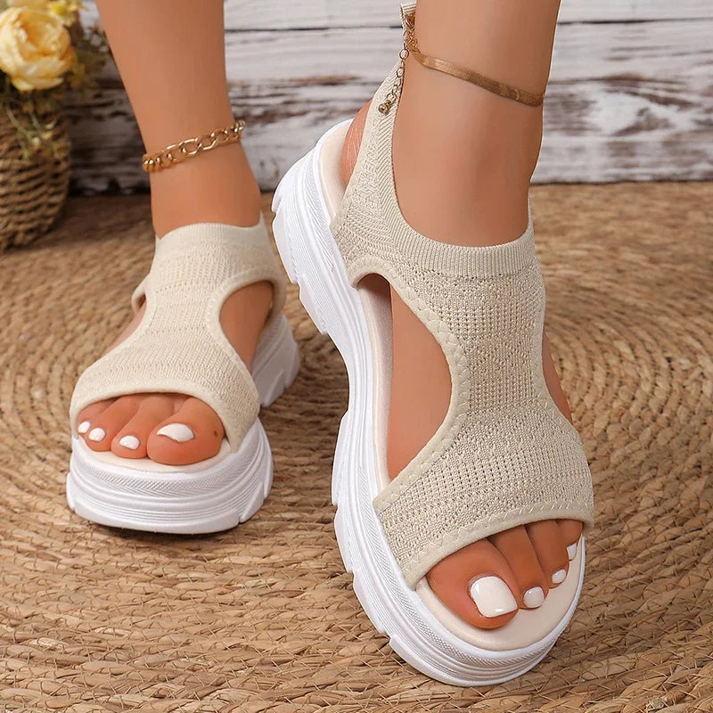 Hollow Out Knit Platform Sandals for Women 2025 Summer Fashion Breathable Sports Sandals Woman Thick Sole Non Slip Walking Shoes