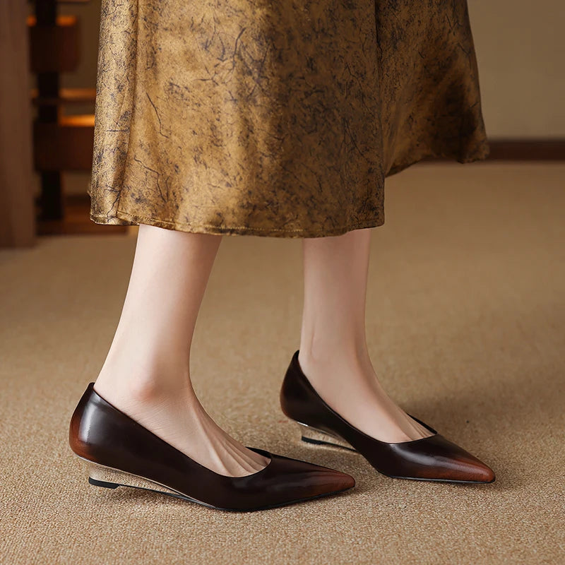 QUTAA 2025 Fashion Women Pumps Shoes Wedge High Heels Pointed Toe Genuine leather Slip-On Office Shoes Dress 34-42