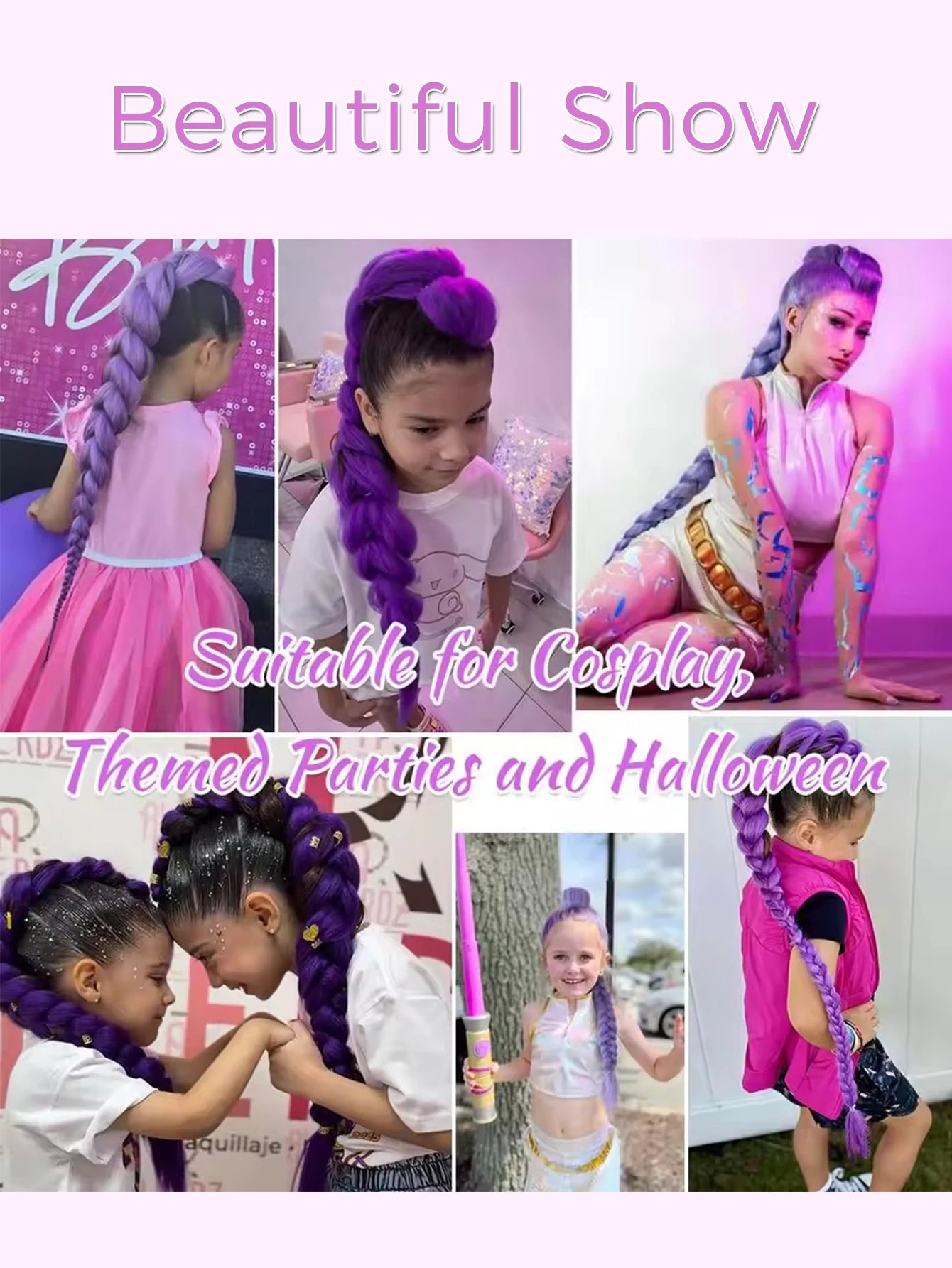 Synthetic 26inch Long Ponytail with Clips Braided Purple Hair Ponytail Rumi Costume Hairstyle for Kids Girls Halloween Christmas
