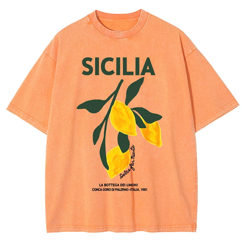 Amalfi Coast Italia Lemon Fruit Design Women Washed T-Shirts Y2K Casual T Shirt Summer Hip Hop Top Cotton Loose Short Sleeve