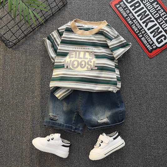 Baby Boys Summer 2PCS Outfit Set Striped Short Sleeve T-shirt Denim Shorts Casual Kids Clothing Set For Toddler Boys