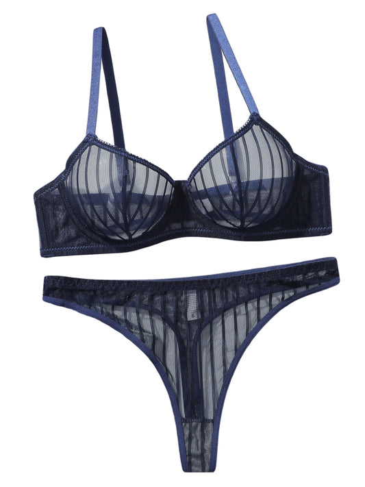 Sexy Blue Mesh Bra Set Women Lingerie See-through Underwire Push Up Bra G String Thong Panties Set Valentine Day Lace Lingerie