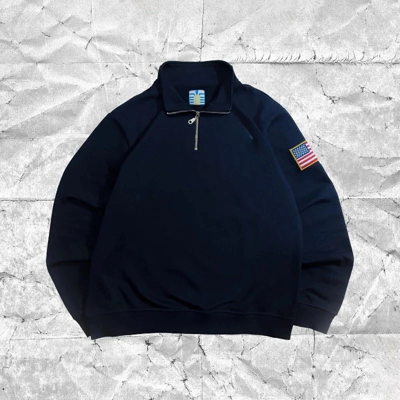 Y2K America Retro Embroidery Pullover White Quarterzip Stand Collar Polo Shirt Sweatshirt Casual Men Clotheing
