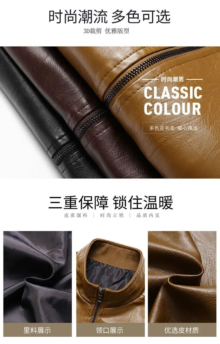 Trendy Casual Loose Jacket for Men with Velvet Thickened Winter with PU Leather Stand Collar