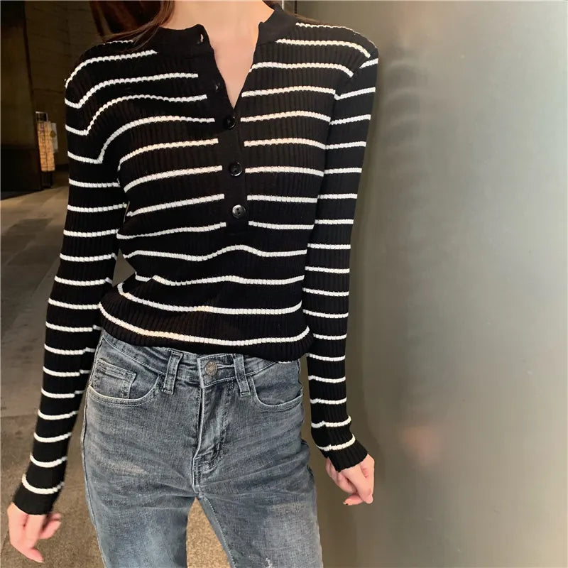 ITOOLIN Women Stripes O-neck Buttoned Up Sweaters Long Sleeve Knitted Sweater Slim Women Jumpers Tops Autumn Winter One Size
