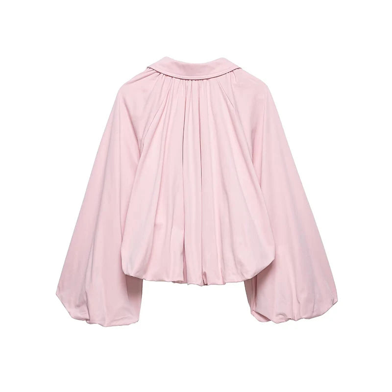 YENKYE New 2026 Women Pink Puff Sleeve Pleated Bomber Jacket Front Zipper Casual Loose Crop Coat