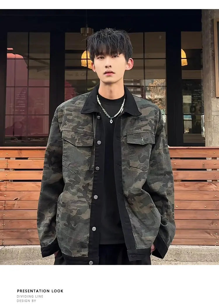 Men's Camouflage Denim Jacket Autumn Washed Turn down Collar Single-Breasted Long Sleeve Loose Fit Vintage Workwear Street Style