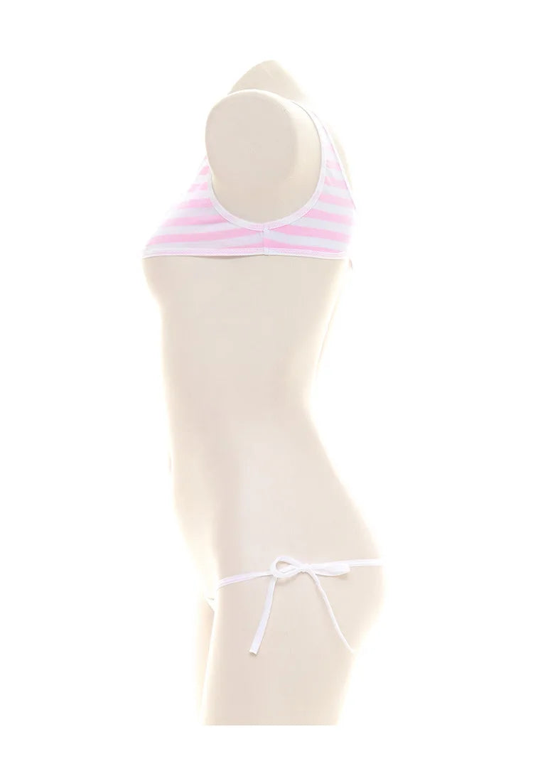 Sexy Japanese Style  Blue White Stripe Bikini Swimsuit Striped Halter Micro Bikini Set Love Female StudenLolita Kawaii Swimsuit