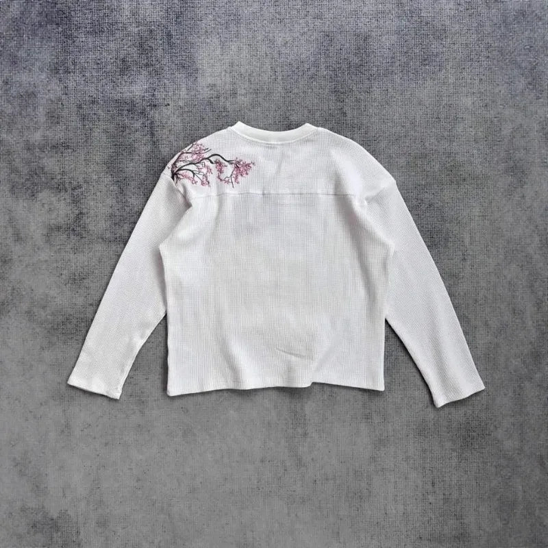 Deeptown White Cherry Blossom Embroidery Man Women T-Shirts Long Sleeve Oversized Waffle Tees Basic Harajuku Casual Streetwear