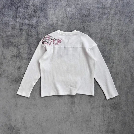 Deeptown White Cherry Blossom Embroidery Man Women T-Shirts Long Sleeve Oversized Waffle Tees Basic Harajuku Casual Streetwear