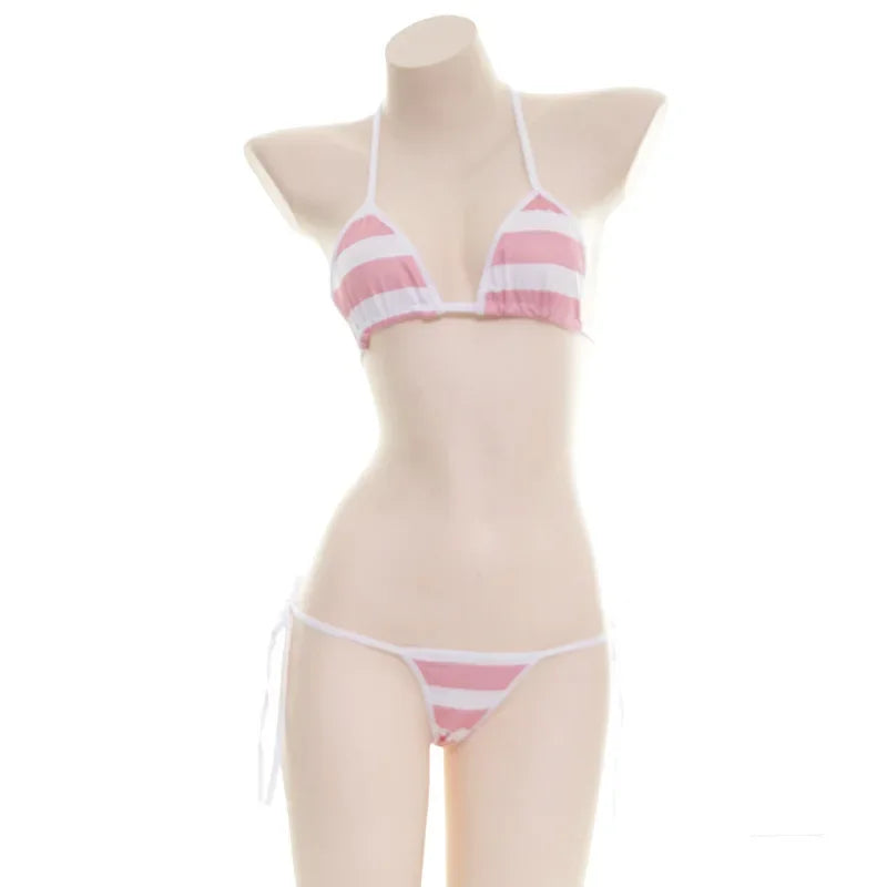 Sexy Women Underwear Set  Striped Bikini Thigh High Stocking Swimsuit Erotic Costumes Cosplay Japanese Anime Bra Briefs