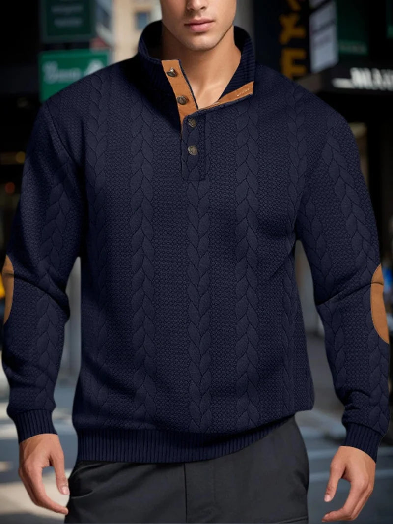 Men’s Knitted Jacquard Sweaters Button Stand-up Collar Warm Pullover Sweaters Outdoor Casual Men's Long-sleeved Sweatshirt