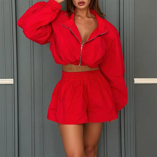 Fashionable Street Sportswear Color Blocking Long Sleeved Zipper Sports Cardigan Jacket Shorts Set Women's Casual Two-Piece Set