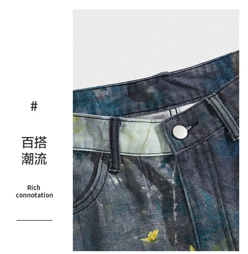 European and American Street Men's Fashionable 3D Digital Pattern Printed, Ink-splashed and Tie-dyed Straight-leg Jeans.