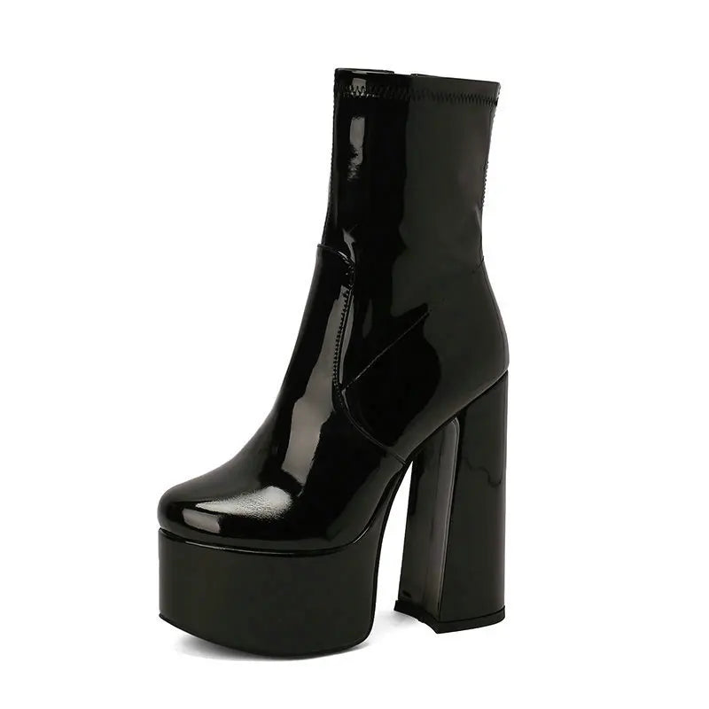 New Lacquer Leather Autumn and Winter Short Boots Women's Thick High Heels Sexy Short Tube Large Fashion Short Boots