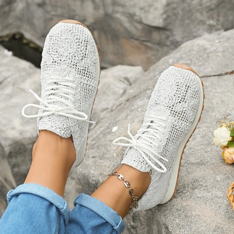 2026 Brown Knit Breathable Womens Sneakers Shoes New Platform Flats Woman Plus Size 43 Non Slip Casual Shoes Mesh Tenis De Mujer
