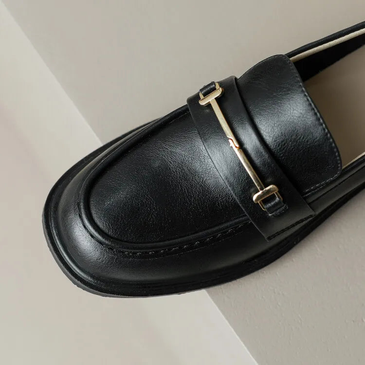 Ochanmeb Natural Leather Loafers Flat Shoes Women Brand Metal Chain Round Toe Slip-ons Flats Ladies Casual Creepers Moccasins 40