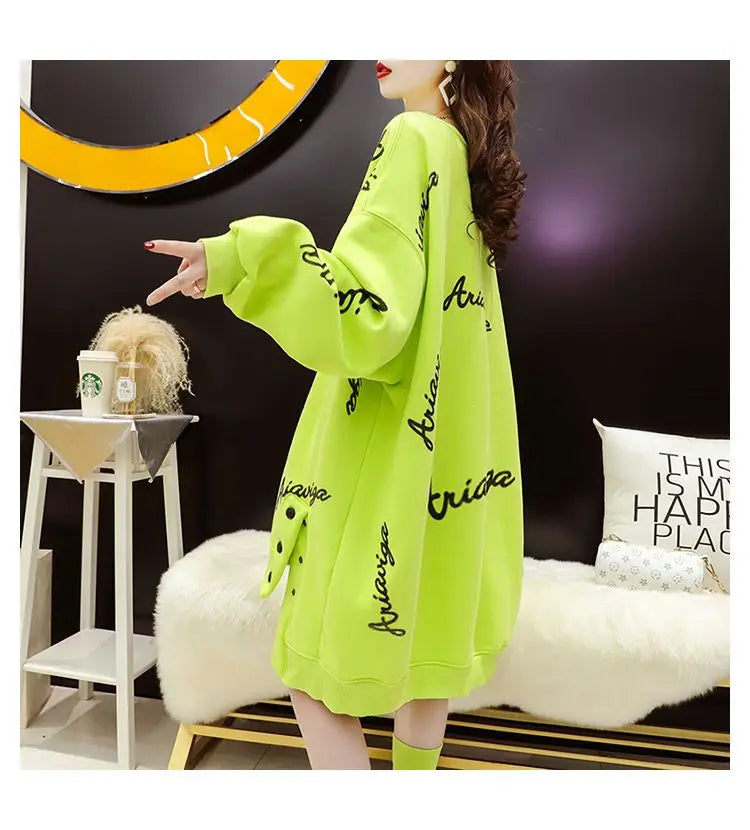 Spring Autumn Y2K Harajuku Printed Sweatshirts Women Round Neck Long Sleeve Mid-length Pullovers Korean Button Asymmetrical Tops