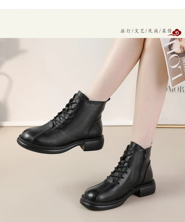 Xiuteng Autumn New Cowhide Mid-Heel Soft-Soled Women's Short Boots Retro Casual Leather  Boots Warm Women's Cotton Shoes