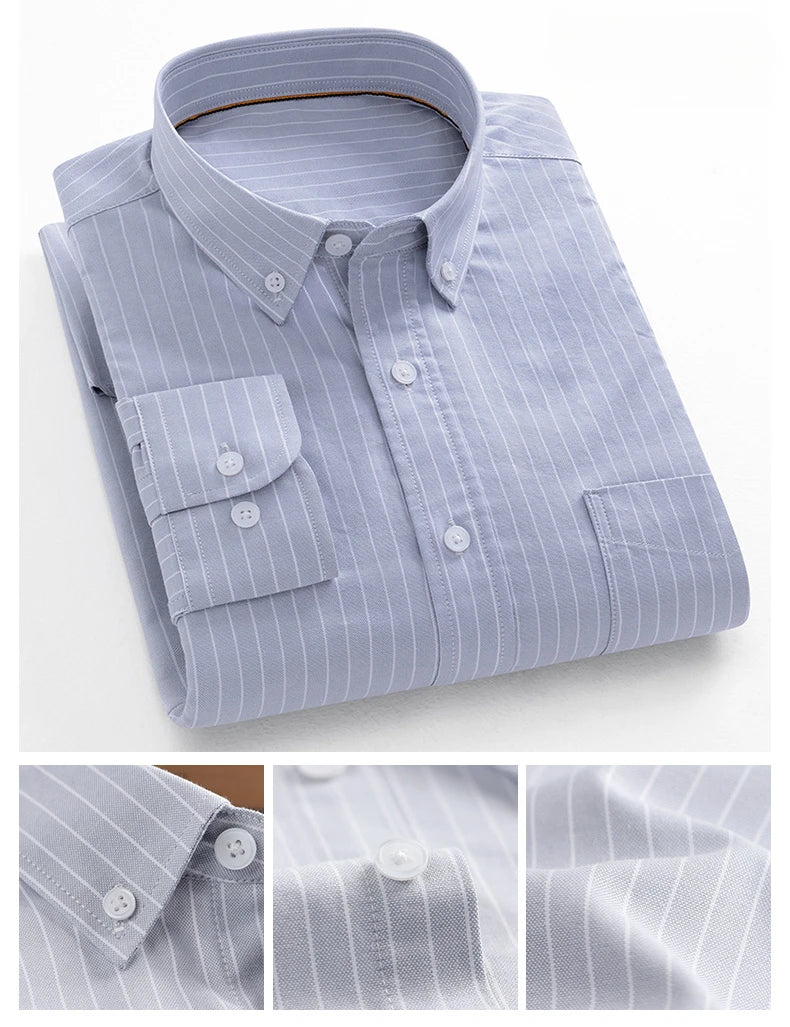 Fashion korean trends casual long-sleeve shirts for men slim fit plain shirt 100%cotton plaid striped tops soft designer clothes