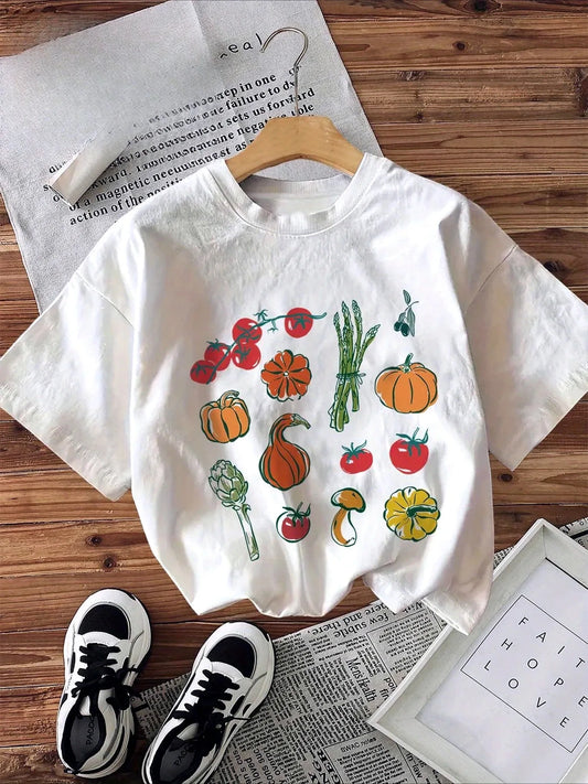 Casual round-neck t-shirt for kids, short-sleeve top with colorful fruit and vegetable graphic print, summer clothing for kids