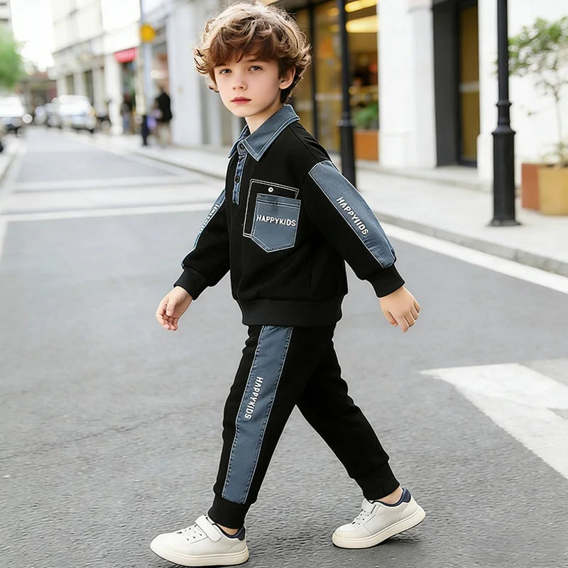 2026 Toddler Boys Clothes Set Spring Autumn Polo Collar Long Sleeve Sweatshirt Pants 2 Piece Outfits Kids Boys Casual Tracksuit BAZAARHUBO