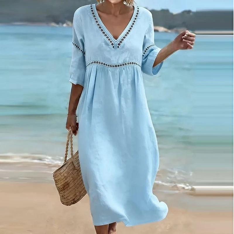 Summer V Neck Half Sleeve Loose Beach Holiday Dress Women Casual Hollow Out Design Solid Color A-line Midi Dress Boho