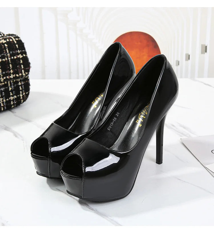Women Pumps Sexy Platform Peep Toe Shoes 14cm Thin High Heels Stiletto Patent Leather Fashion Party Nighclub Wedding Dress Shoes