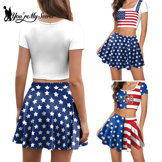 [You're My Secret] Women Pleated Skirt Vintage USA Flag Print Cheerleaders Skirt 4th of July Patriotic Outfit Casual Daily Wear