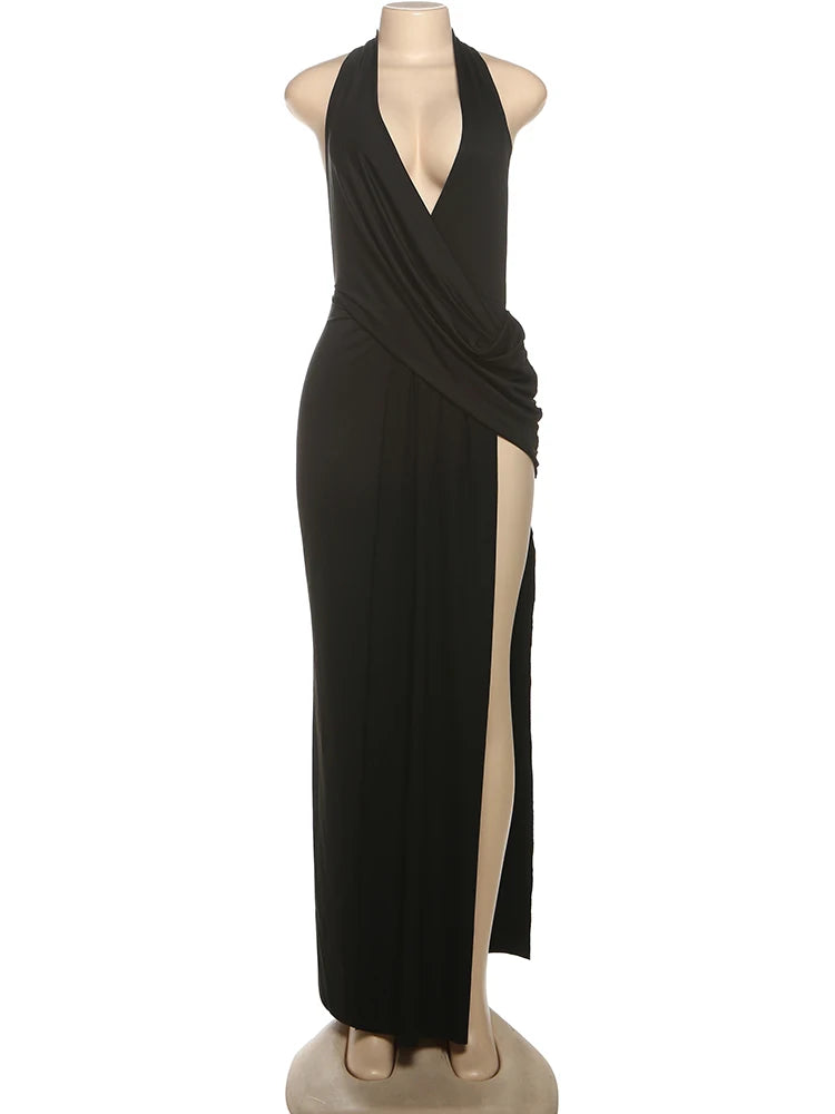 Weird Puss Backless Halter Dress Women Deep V Neck Sleeveless High Slit Hem