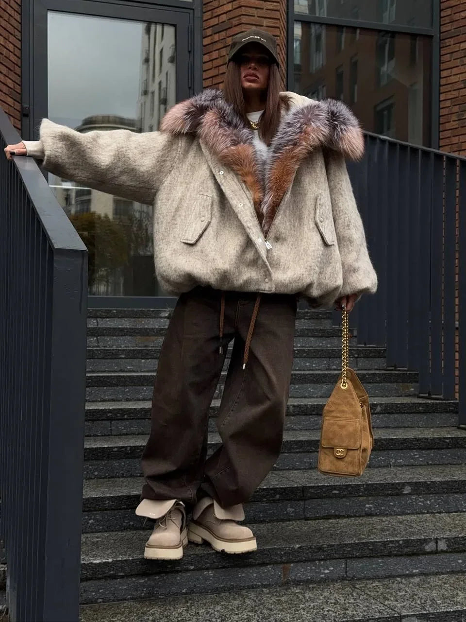 Chic Faux Fur Collar Patchwork Woolen Coat Women Casual Lapel Full Sleeve Zipper Loose Warm Coats Lady Commute Office Outerwears