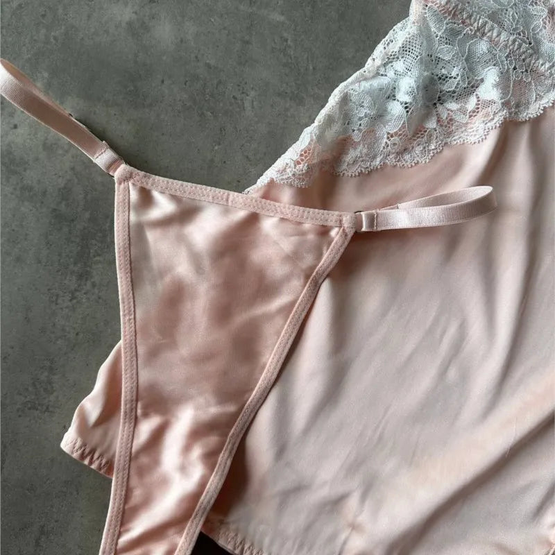 Sexy Satin Night Dress Deep V Neck Lace Trim Slip Dress Women's Silk Lingerie Elegant Sissy Nightgown Slips With Thongs Sheer