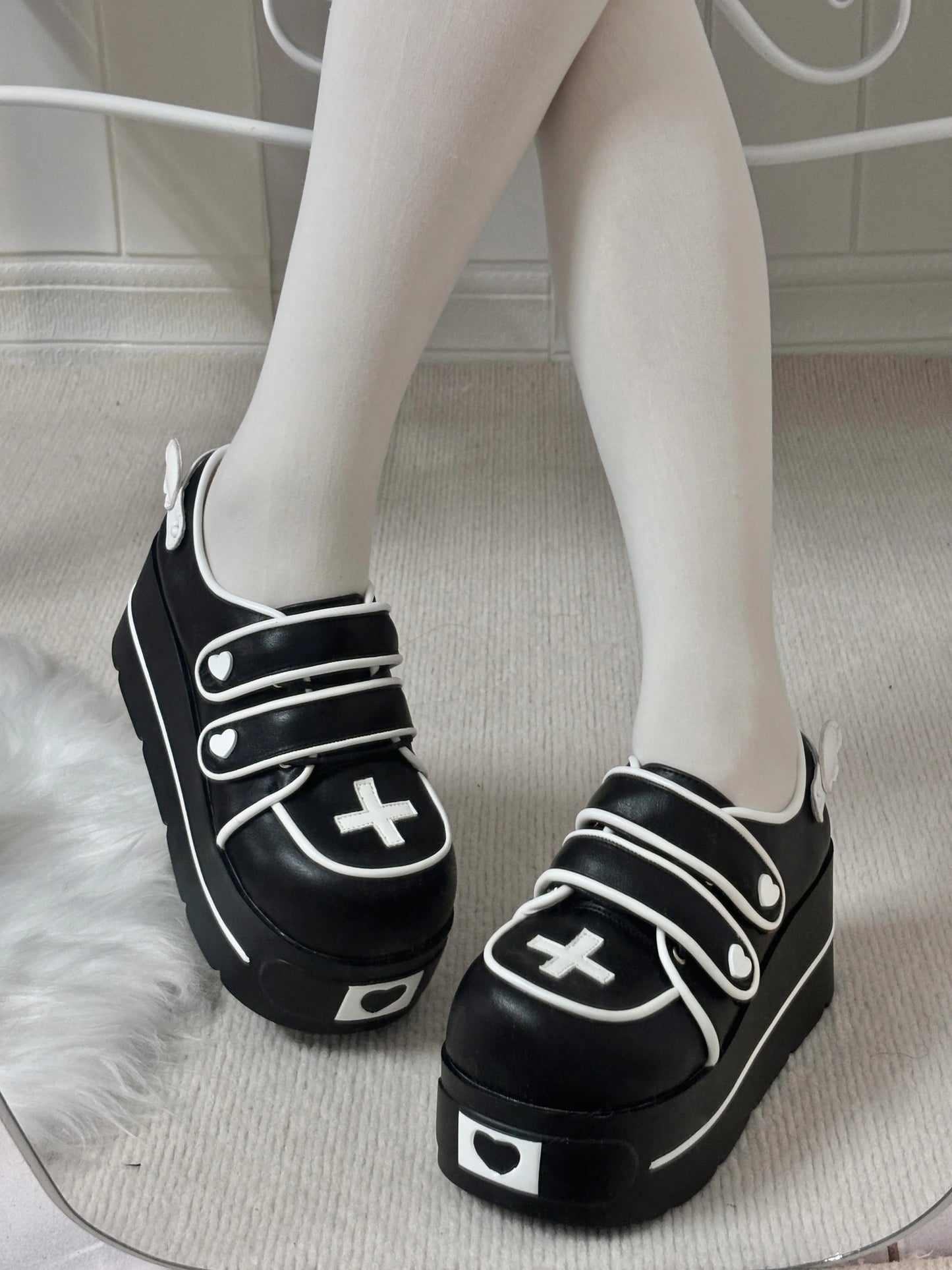 Original Japanese Cute Cross Print Thick-soled Muffin Shoes Subculture Sweet Cool Girl Round Head Pu Leather High Heels Women