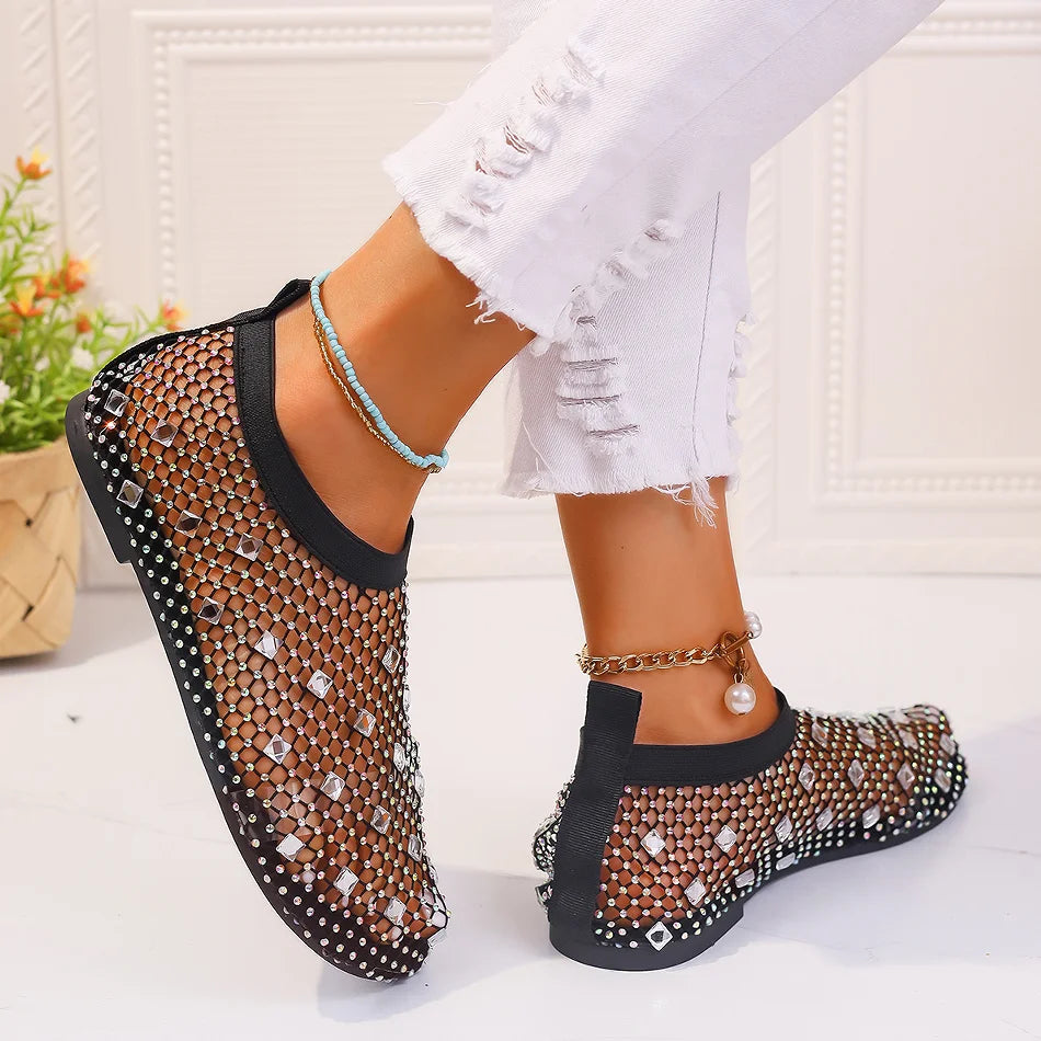 Summer Women's New Round Toe Flat Bottom Sandals Hollow Short Boots Water Diamond Sexy Flat Bottom Fashion Banquet Sandals