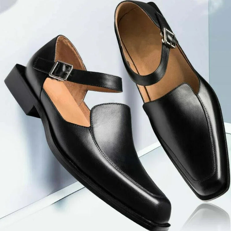 New Black Men's Summer Sandals  Pu Leather Buckle Strap Dress Shoes for Men Business Formal Shoes Men