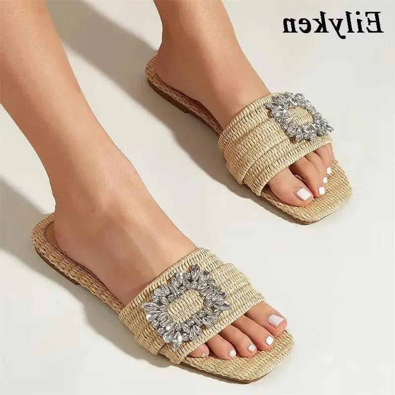 Eilyken Summer Glitter Rhinestone Women Slippers Bright Diamond Flat Bottom Cane Crystal Sandals Beach Slides Shoes Zapatos muje