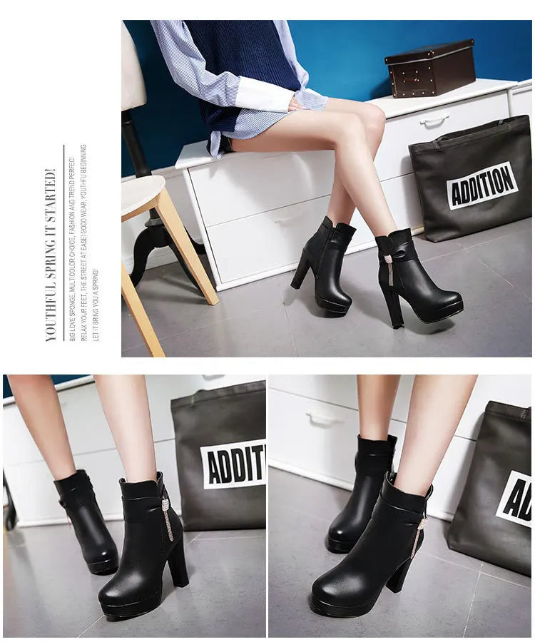Brand Ankle Boots For Women Platform Fashion High Heel Short Boot Large Size Zipper Autumn Winter Black White Pink Women Shoes