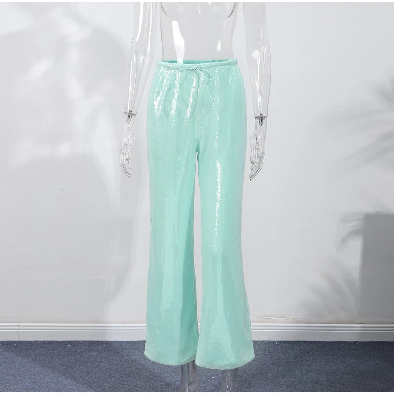 Women Sequin Pants Cinched Waist Glitter Baggy Straight Long Trousers