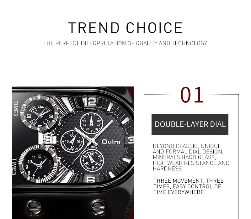 Oulm Top Men's Watches Mens Quartz Casual Leather Strap Wristwatch Sports Man Multi-Time Zone Military Male Watch Clock Relogios