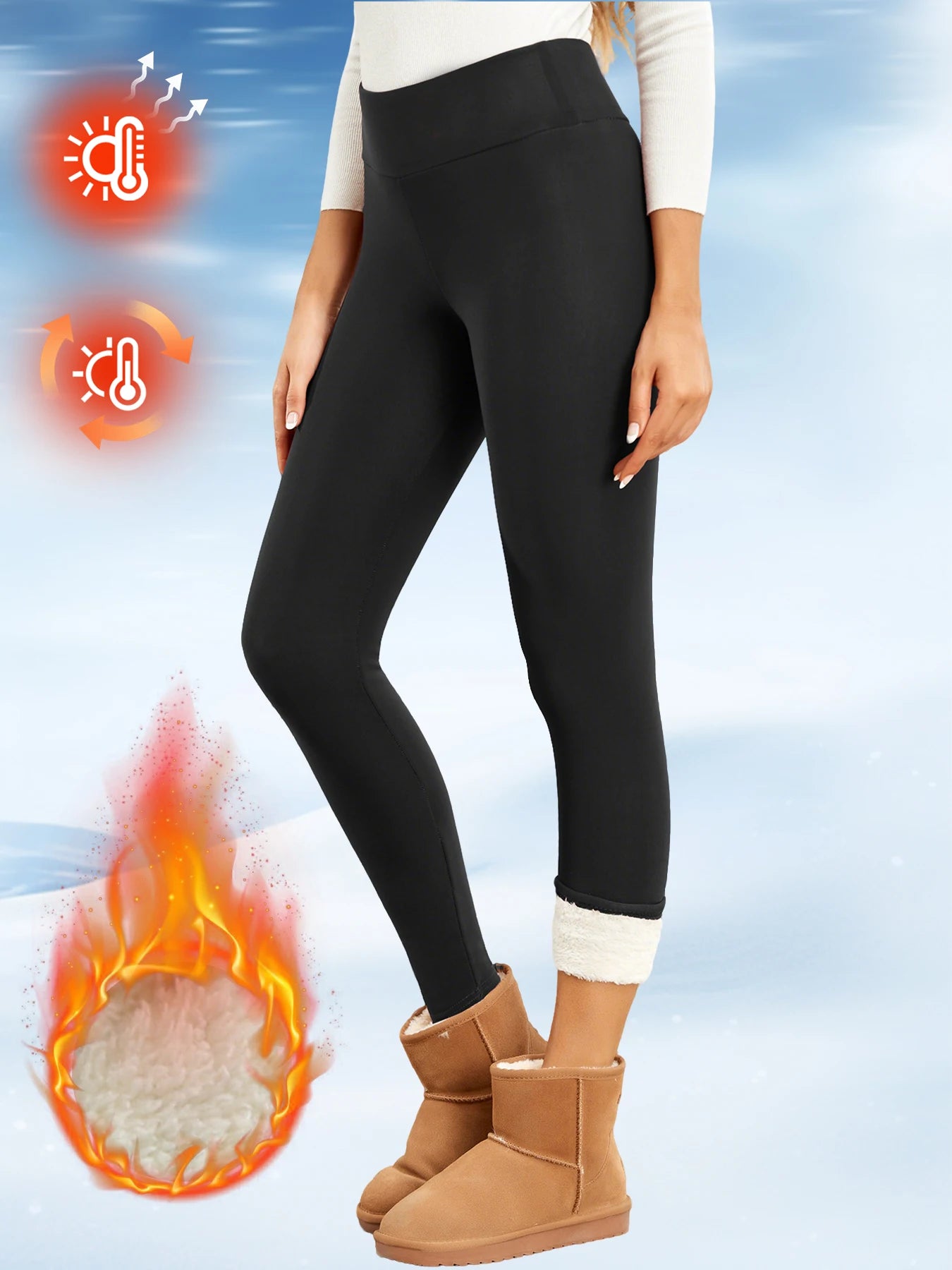 Fleece-lined women's thermal leggings, black high-waisted tummy-control tights for winter wear