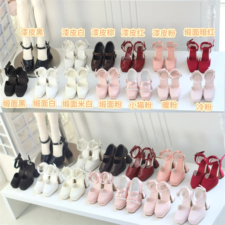BJD Doll Shoes Toys GL/DFH 1/4 Girls High Heels Square Toe Pink White Black Soft Silk Elegant Glossy Leather Doll Accessories